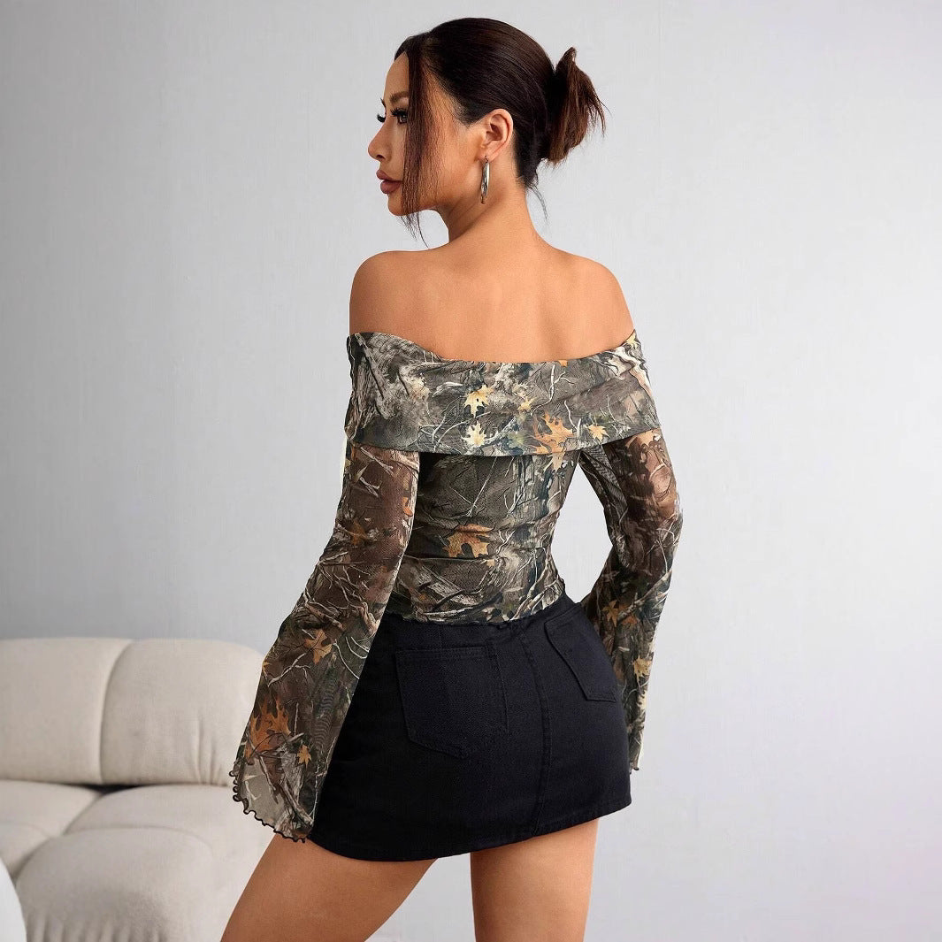Mesh Printed Off-shoulder Long Sleeved Fitted T-shirt Top