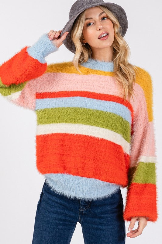 Back To School Sweater - SAGE + FIG Color Block Round Neck Dropped Shoulder Sweater