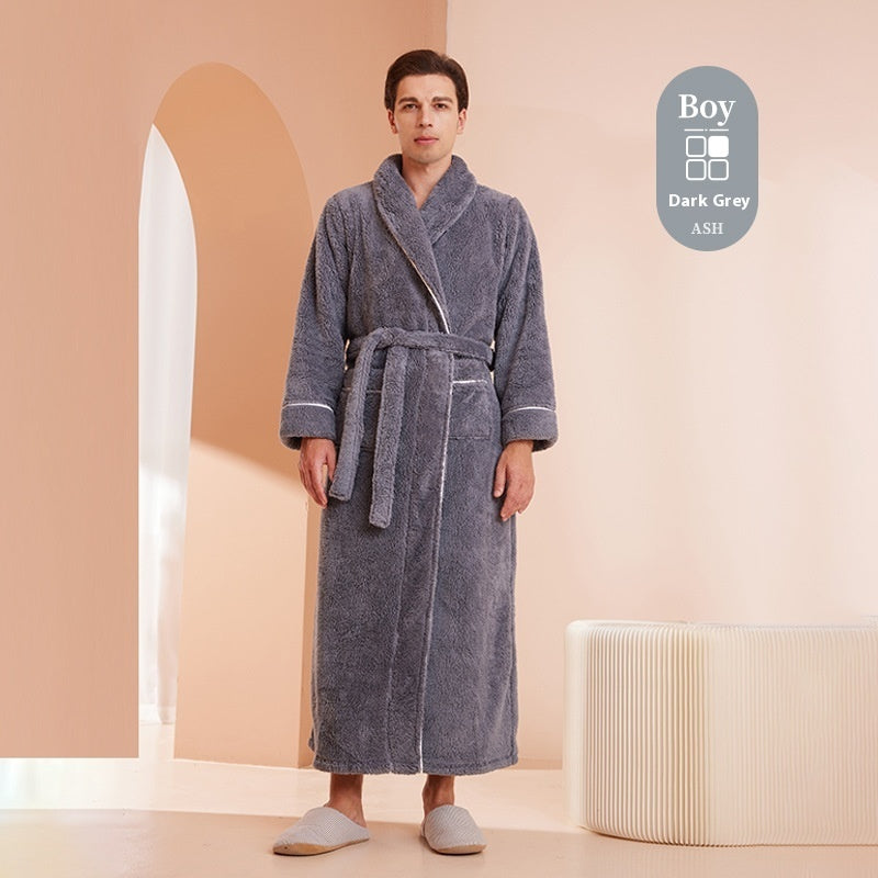 Autumn And Winter Thickened Cotton Velvet Nightgown Men's Winter Plus-sized Plus Size Light Luxury Couple Bathrobe Women's Extended Pajamas