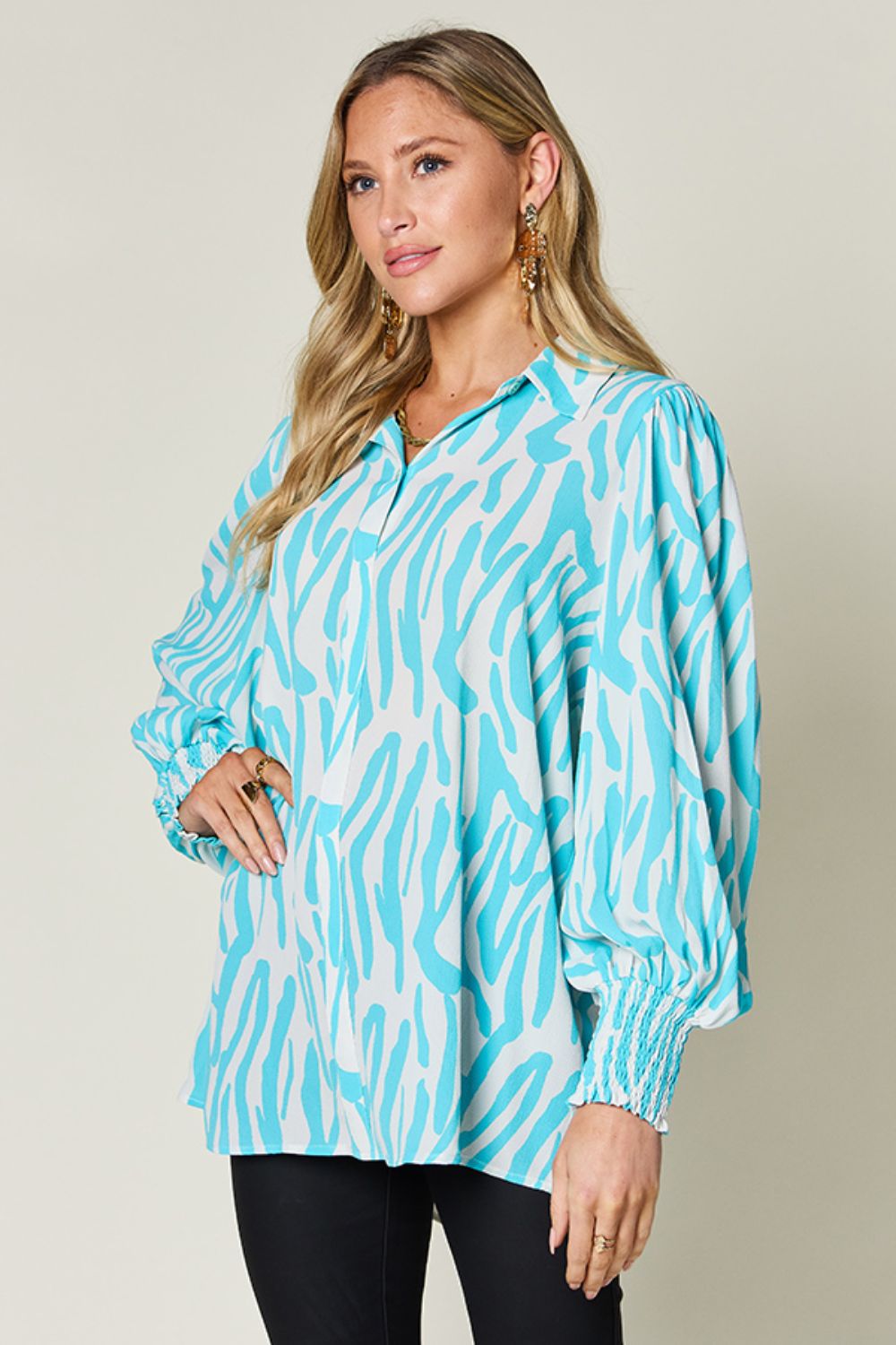 Smocked Long Sleeve Top with Alluring Print