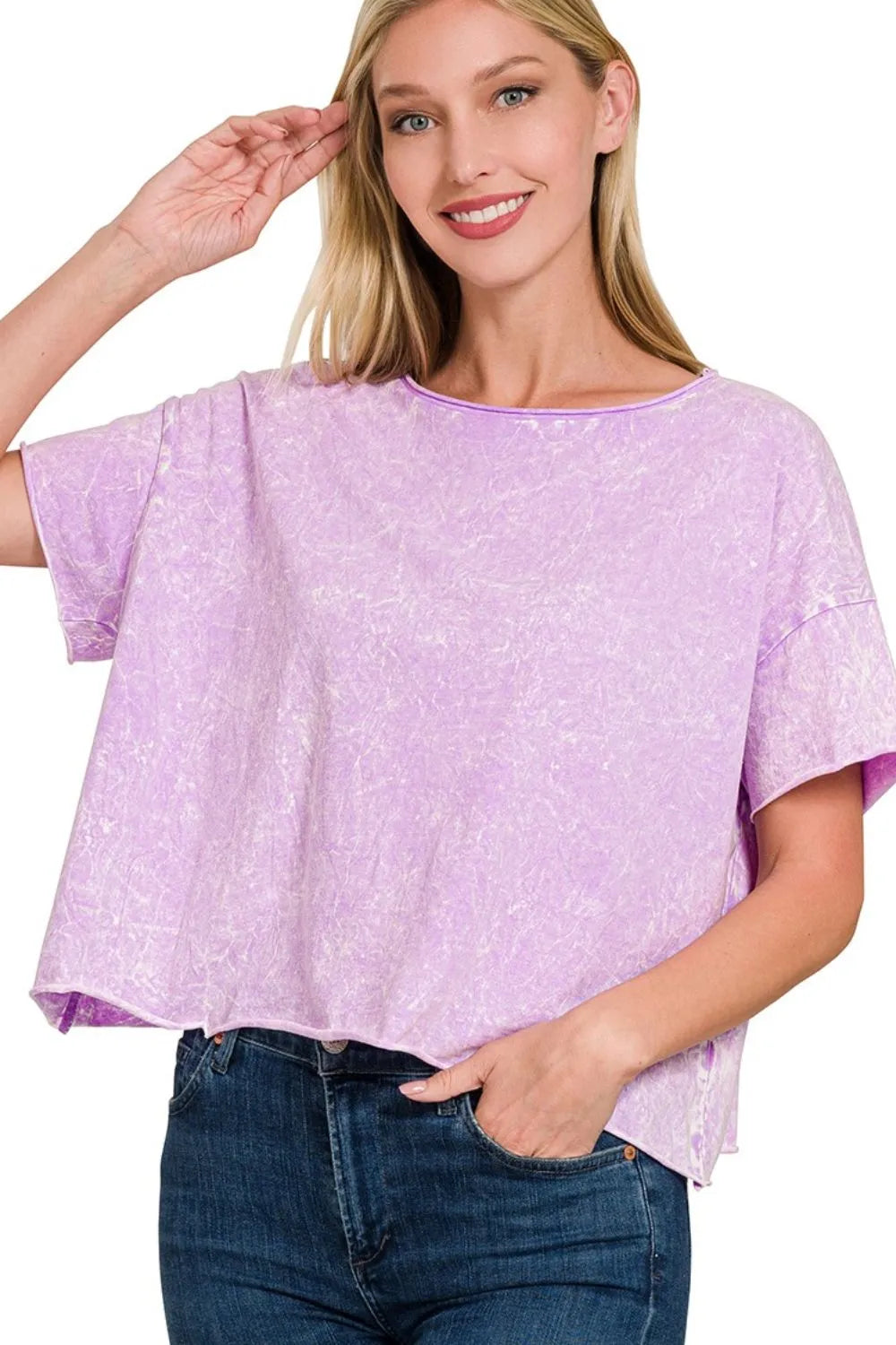 Zenana Washed Crew Neck Short Sleeve Crop Box Tee