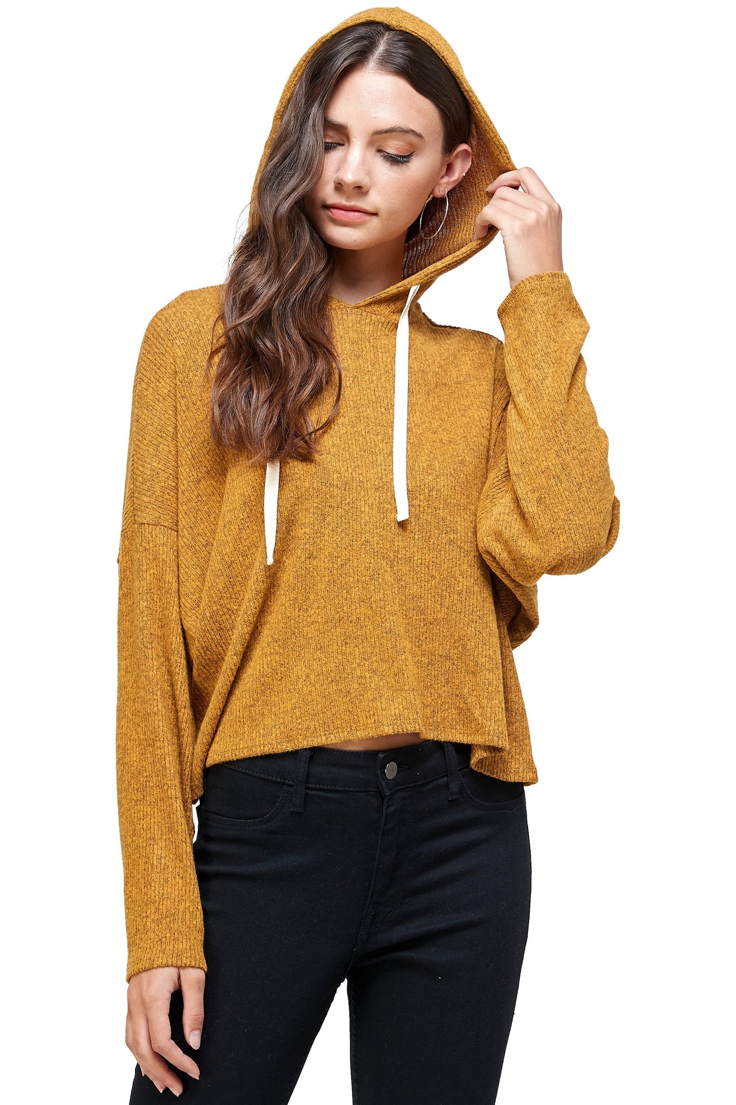 Brushed Two Tone Sweater Rib Hooded Top
