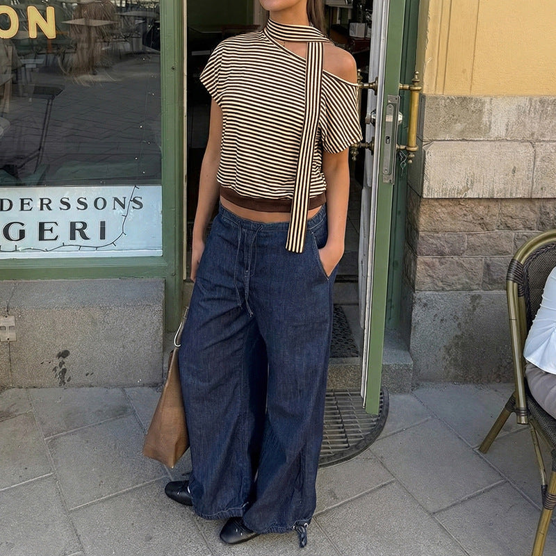 Asymmetrical Slanted-neck Striped T-shirt For Women