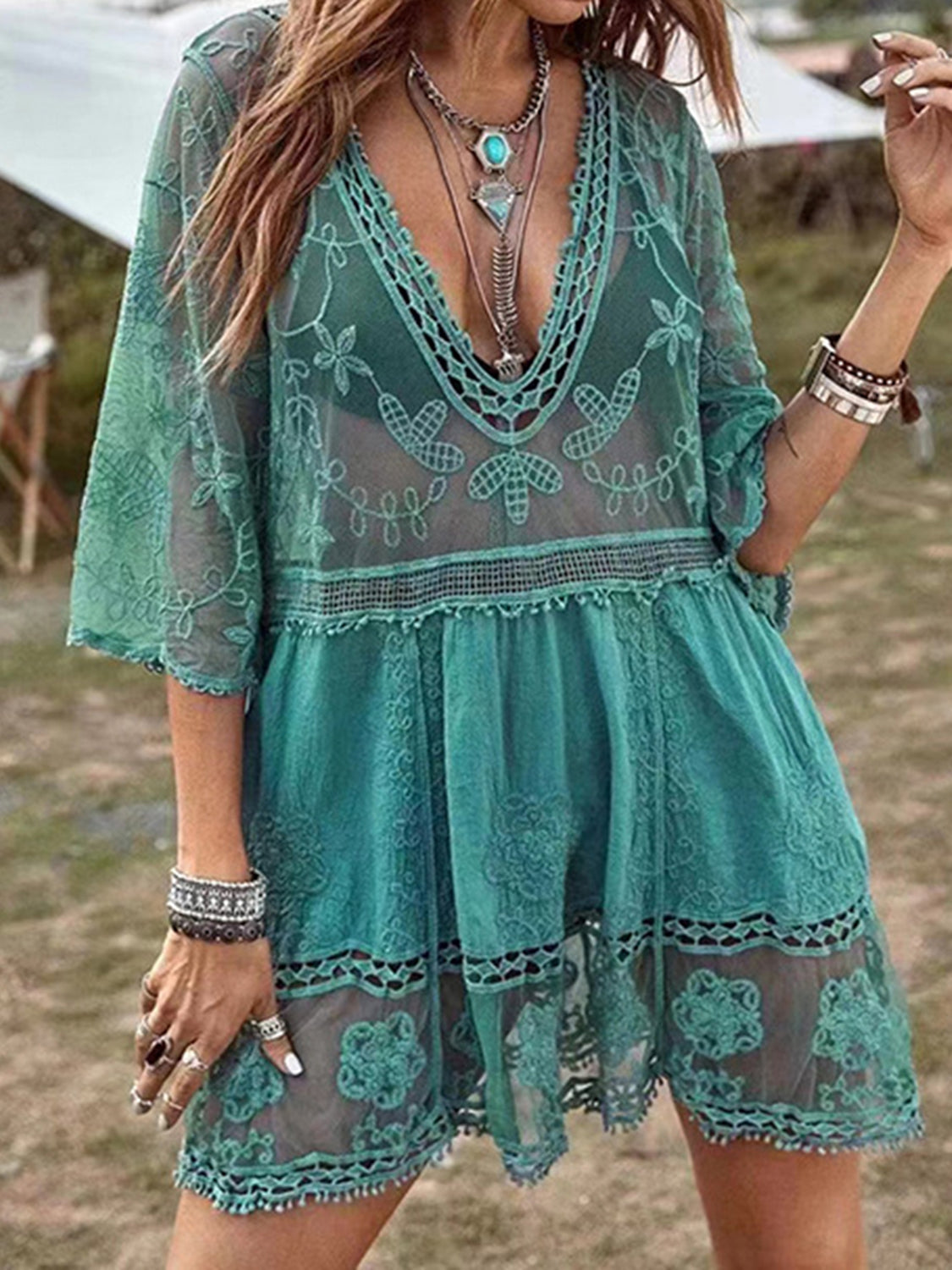 Semi-Sheer Lace Detail Beach Cover-Up Dress
