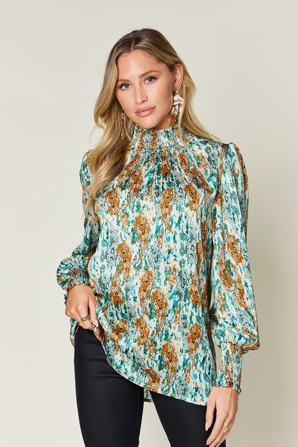Semi-Sheer Smocked Top with Long Sleeves & Frills