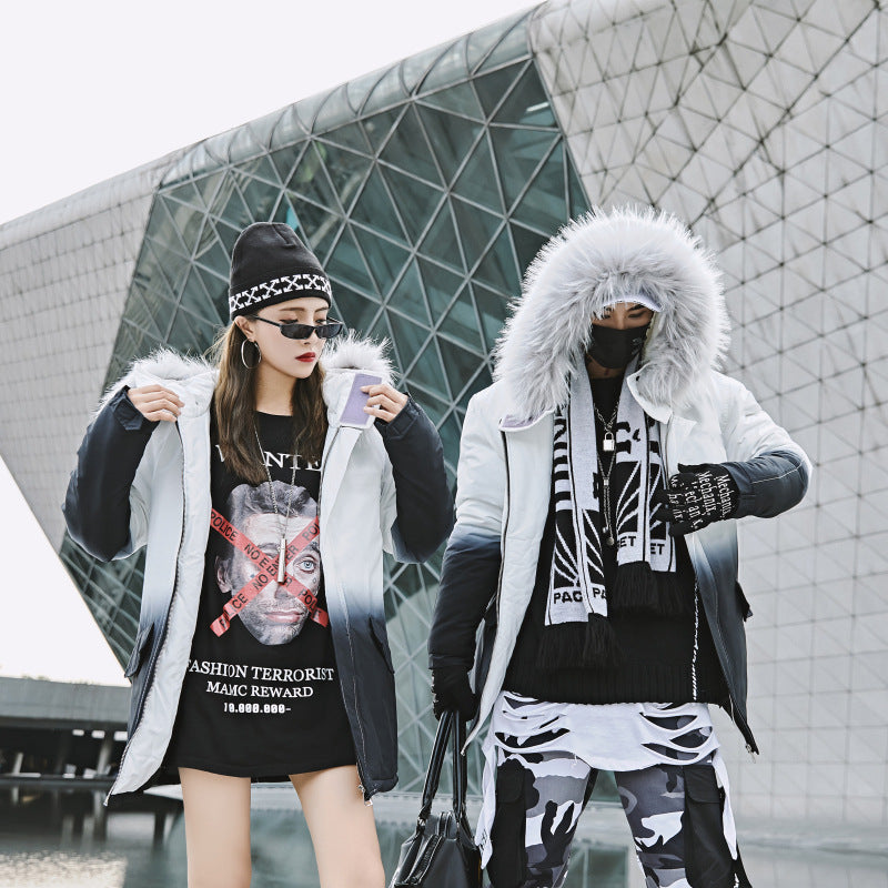 Gradient Cotton Jacket with Large Fur Collar for Couples