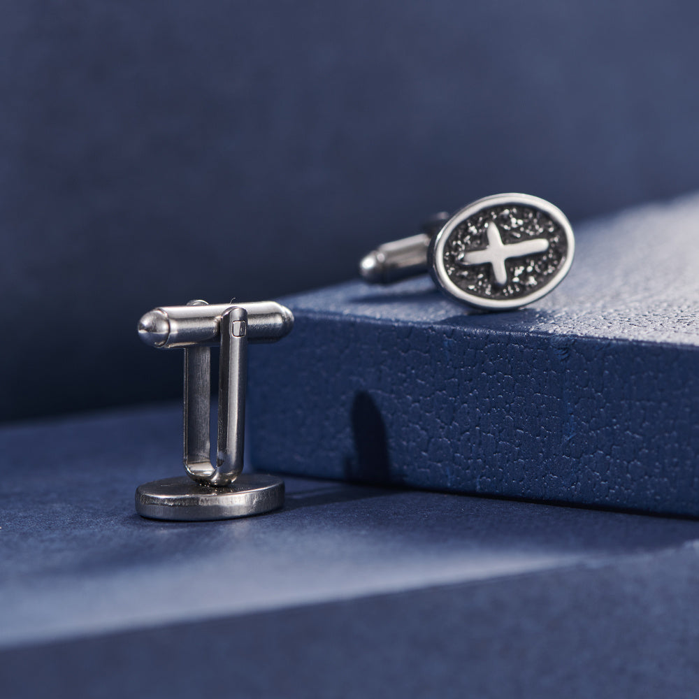 Oval Cross Silver Stainless Steel Cufflinks