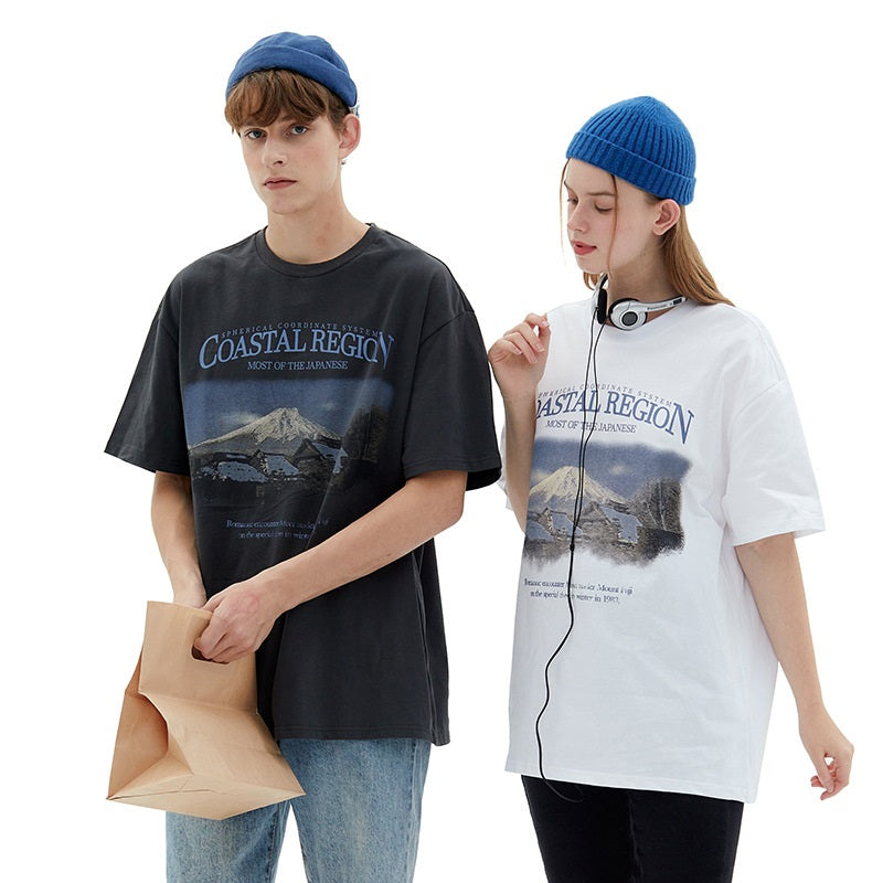 American Style Trend Distressed Printed T-shirt Couple Wear Loose Short Sleeve Top