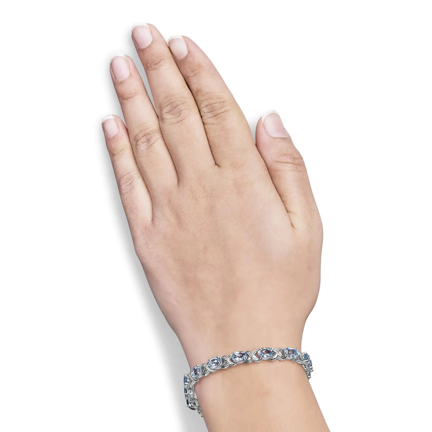 Style Loft Collection .925 Sterling Silver 16.0 Ctw Oval Blue Topaz and Diamond Accent Tennis X Link Bracelet (I-J Color, I1-I2 Clarity) - Size 7" Inch