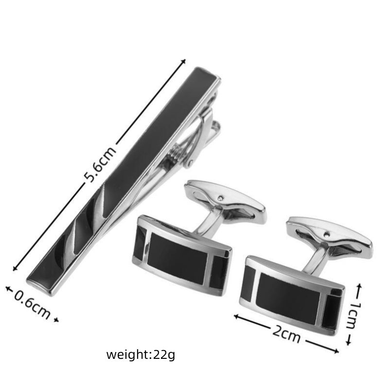 Black Enamel Silver Diagonal Stripes Tie Clip Cuff Buckle Set