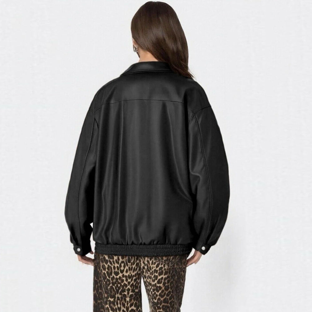 Women's Leather Jacket Loose Long Sleeve Lapel Motorcycle Jacket