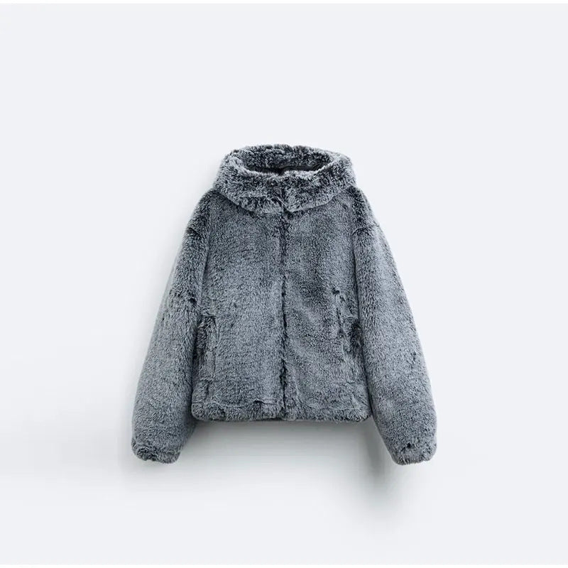 Women's Spring Clothing Imitation Fur Personality Street Fashion Solid Color Long Sleeve Zipper Hooded Short Jacket
