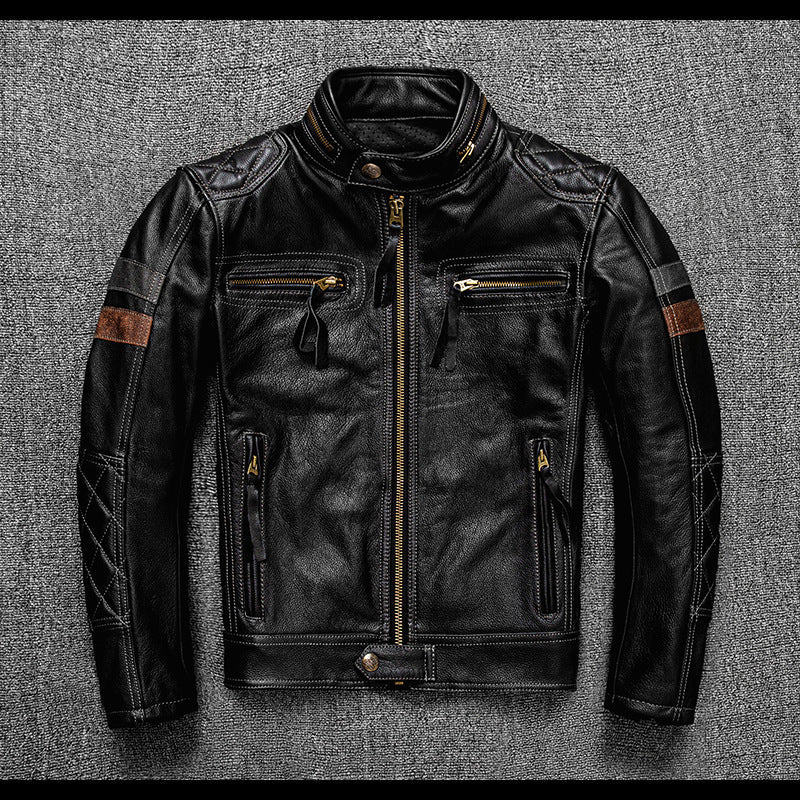 Men's Genuine Leather Biker Jacket with Protective Gear