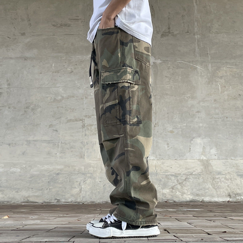 Mens American-style Streetwear Retro Loose Straight-fit Camouflage Work Pants