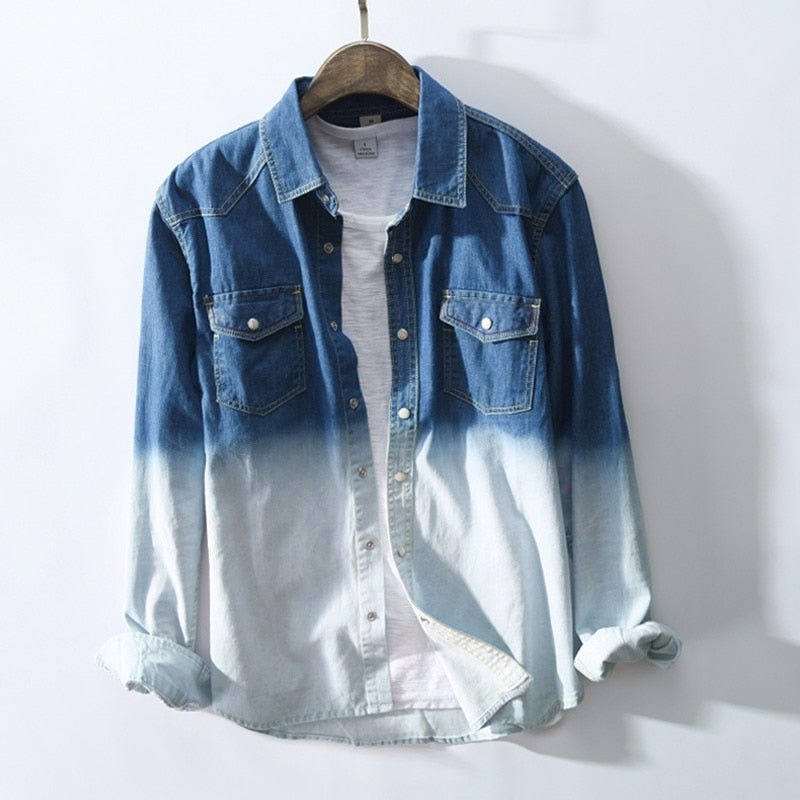 Men's Gradient Color Denim Shirt Jacket with Pockets