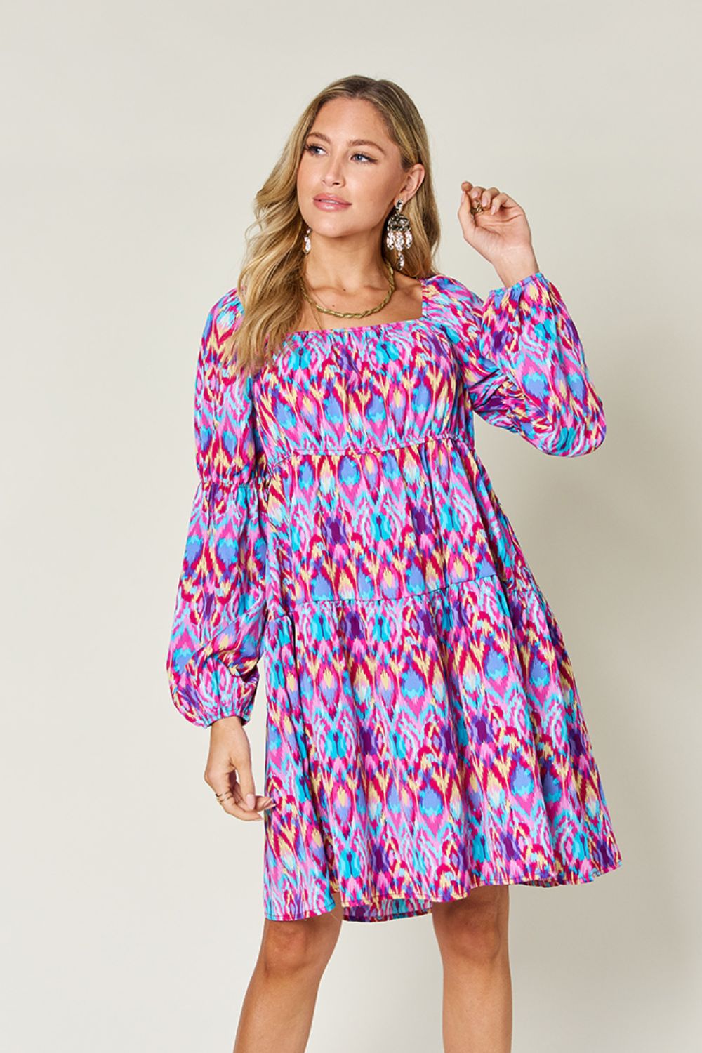 Printed Long Sleeve Smocked Dress