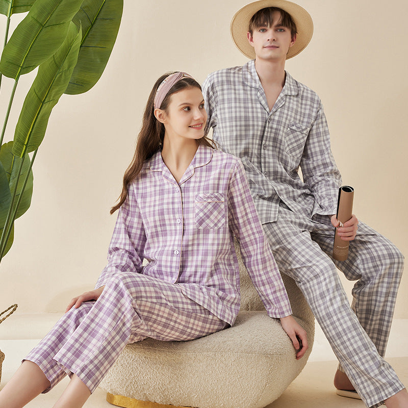 Simple Japanese Style Cotton Plaid Long Sleeve Couple Home Wear
