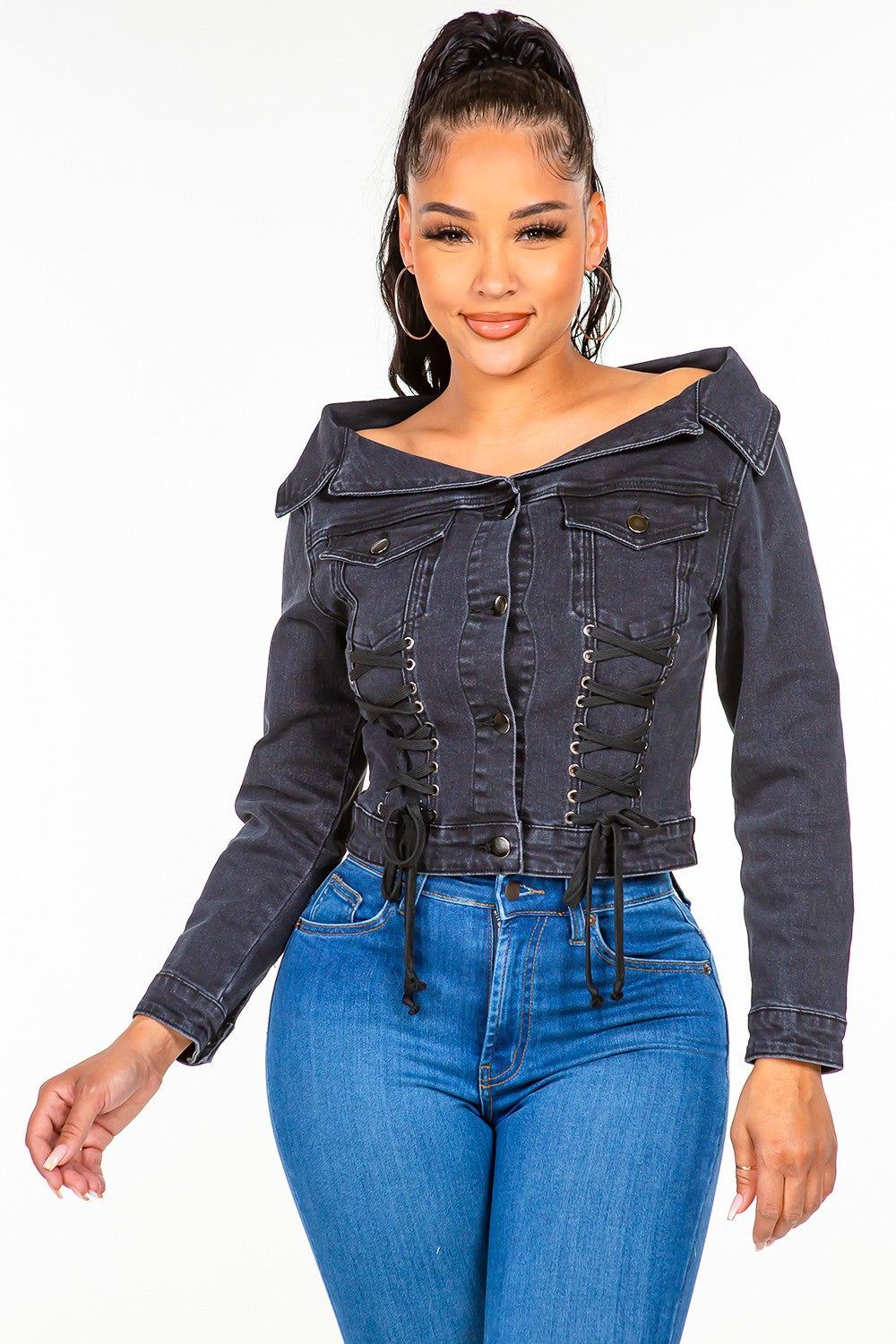 Women's Off-Shoulder Lace-Up Denim Jacket
