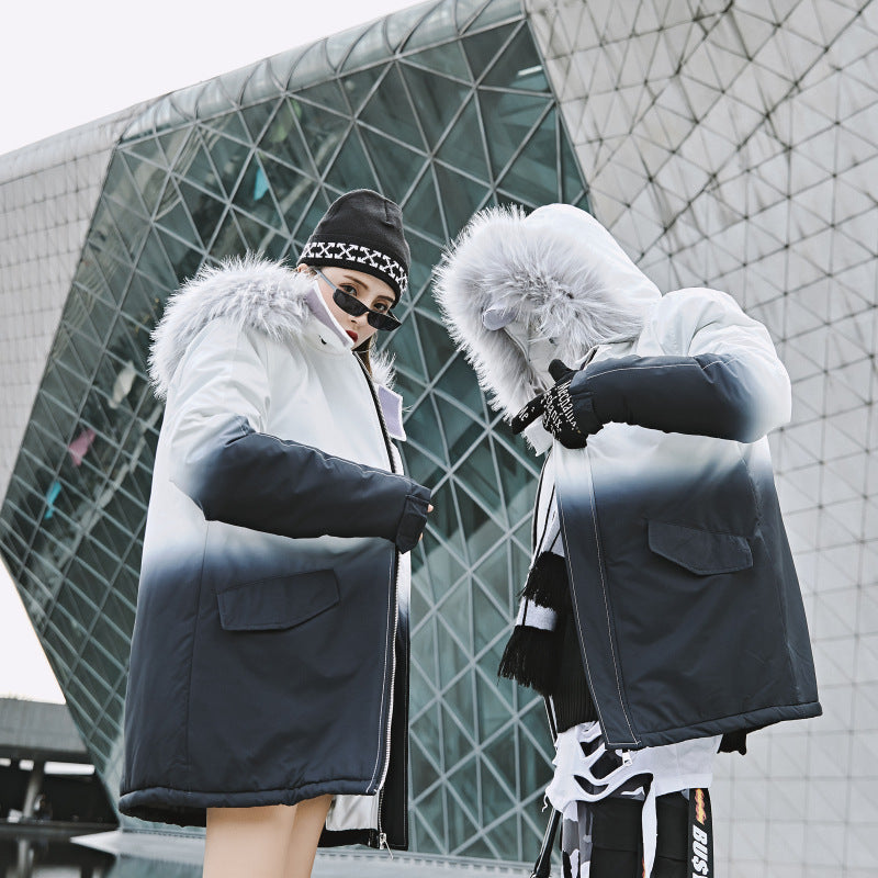 Gradient Cotton Jacket with Large Fur Collar for Couples