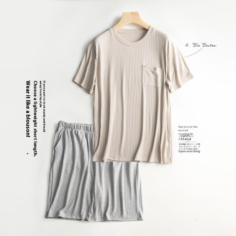 Men's Home Wear Thin Summer T-shirt Half Sleeve Shorts Suit Skin-friendly