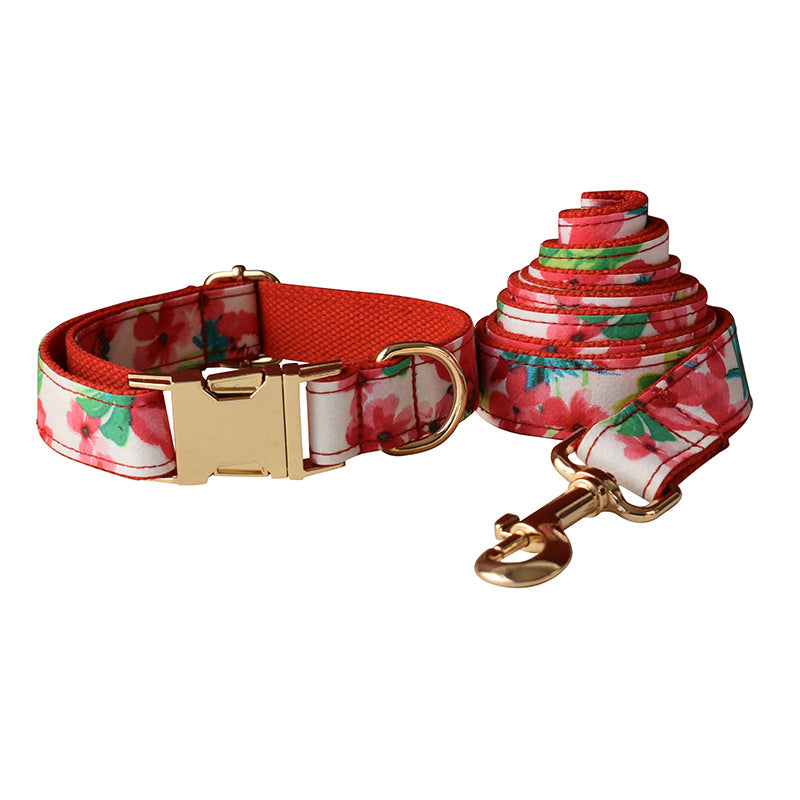 Red Floral Print Dog Leash Collar