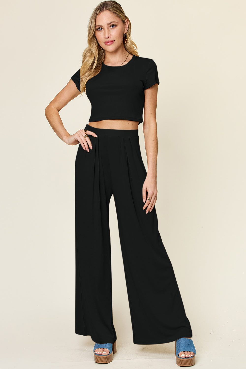 Slightly Stretchy Round Neck Top & Pants Set
