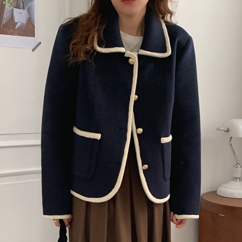 French Lapel Contrast Bezel Trim Chic Loose Jacket