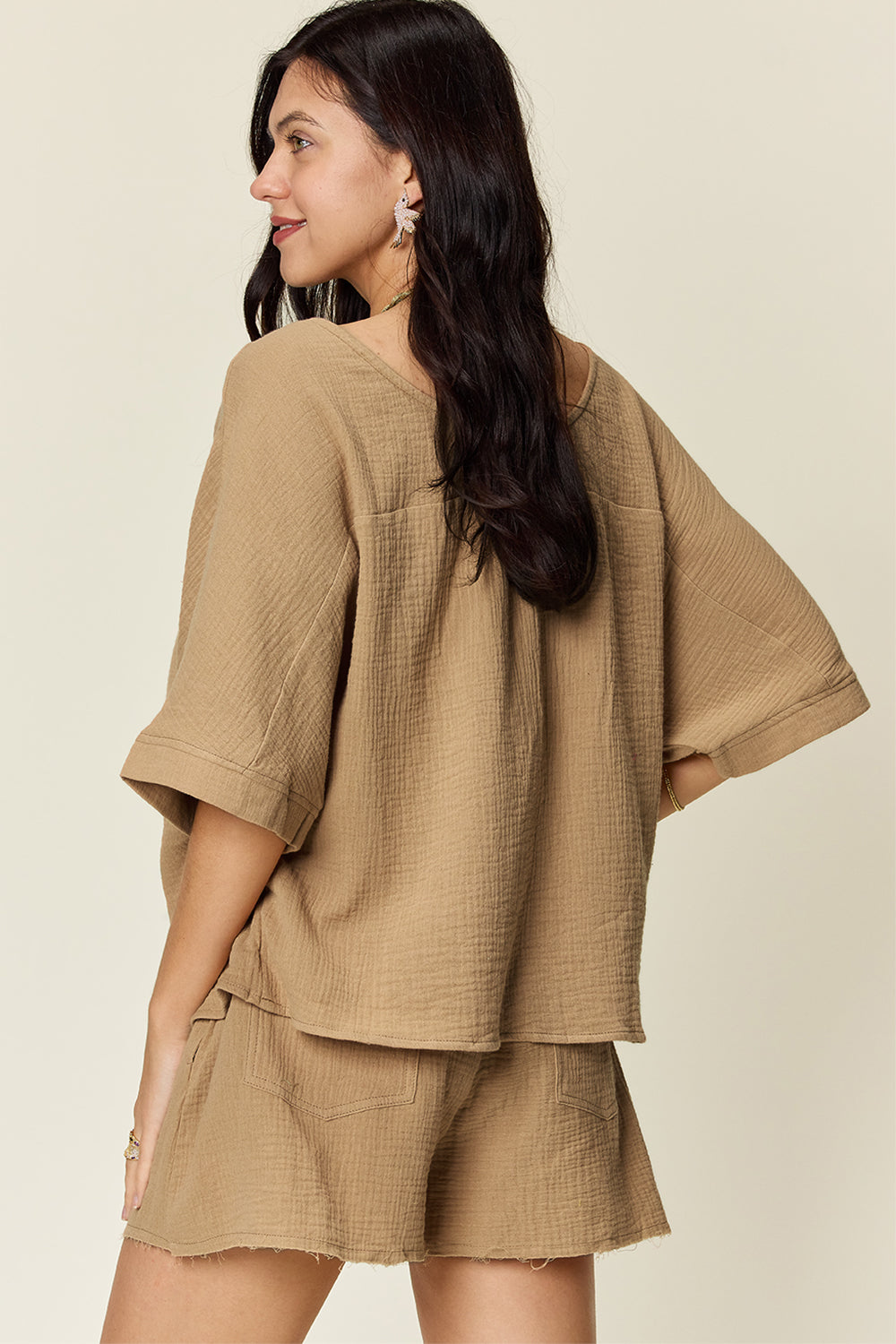 Textured Cotton T-Shirt and Drawstring Shorts Set
