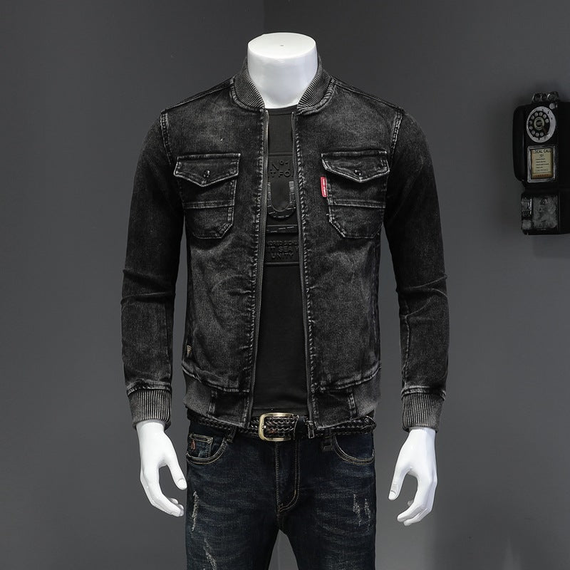 Retro Slim Fit Denim Jacket with Corduroy Collar