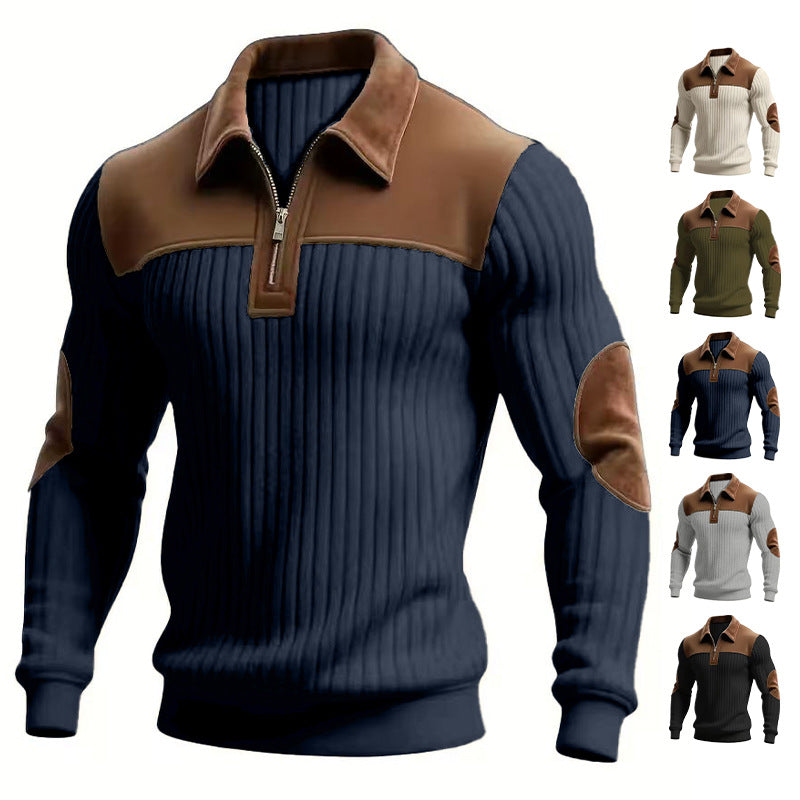 Notched-collar Patchwork Knit Top With Embroidered Zipper Hoodie