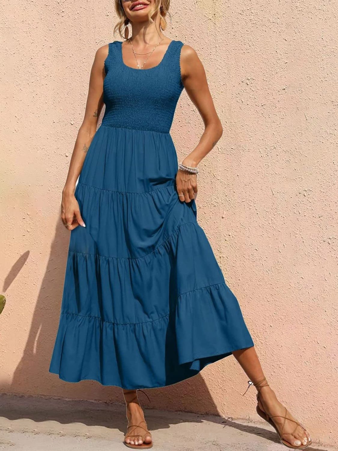 Smocked Tiered Midi Dress with Wide Straps