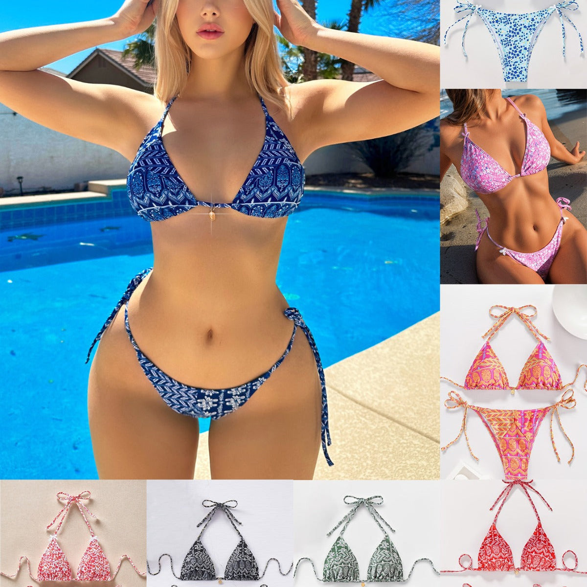 Women Printed Lace-up Bikini Split Swimsuit Swimwear