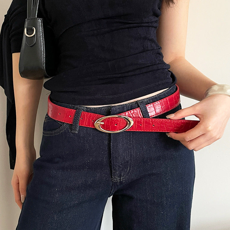 Fashion Lychee Pattern Belt Women's Oval Buckle Red High-grade All-matching