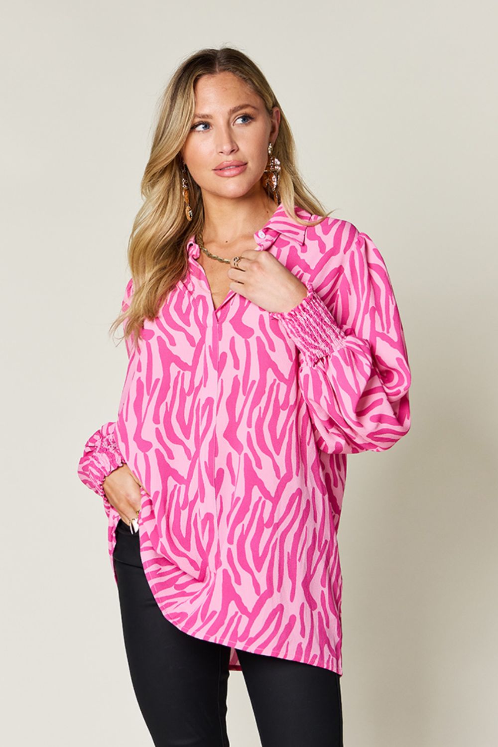 Smocked Long Sleeve Top with Alluring Print