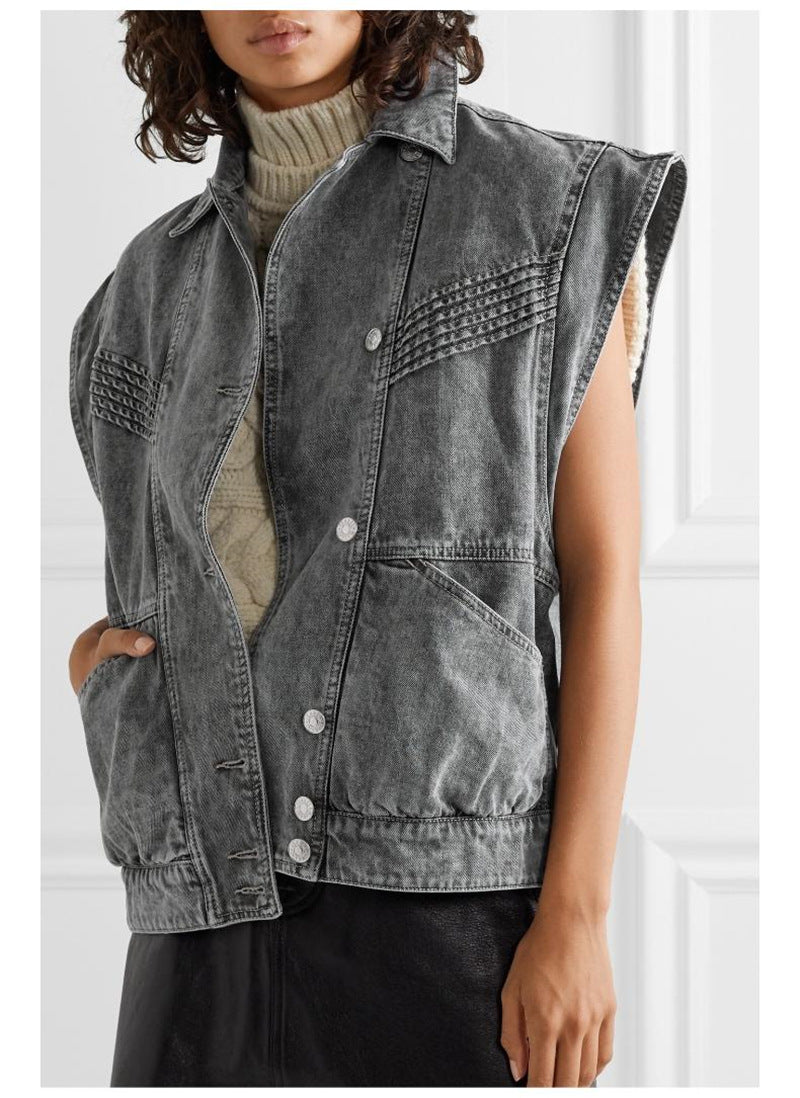 French Design Women's Denim Jacket with Detachable Sleeves