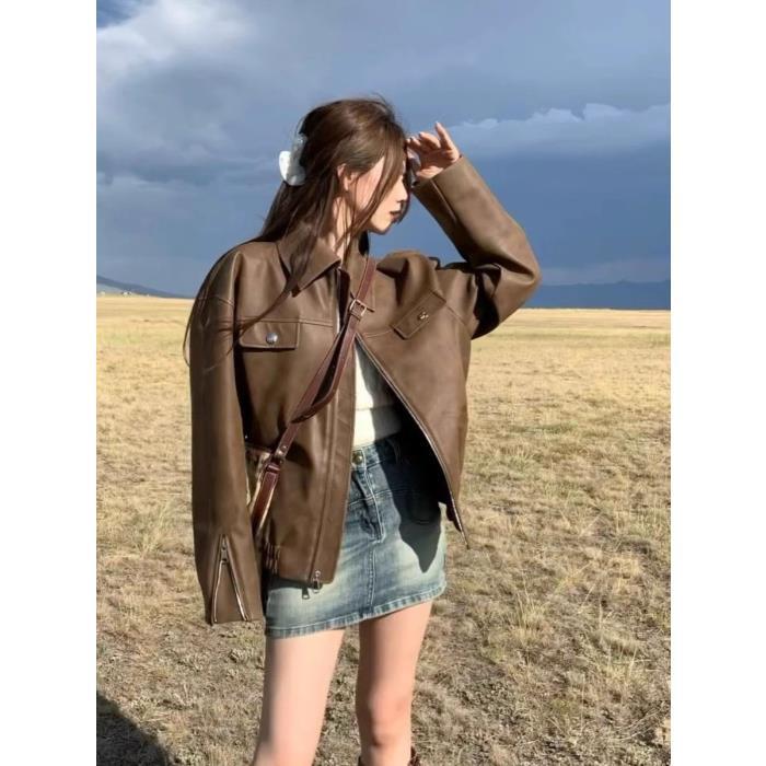 Women's Casual American Retro Solid Color Loose Leather Coat