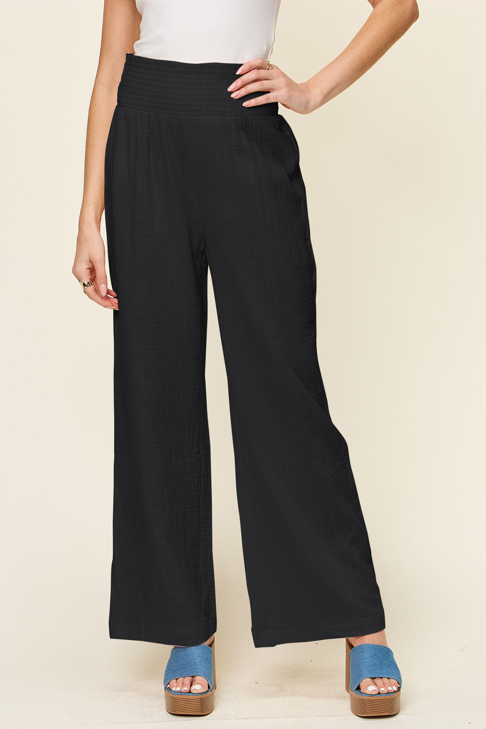 Textured Smocked Waist Wide Leg Pants