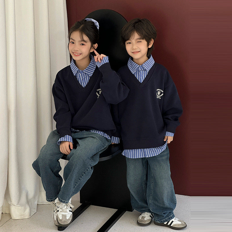 Kids FallWinter Patchwork Polo-Neck Sweater Heavyweight Coordinating Parent-ChildSibling Matching Sets For Boys And Girls