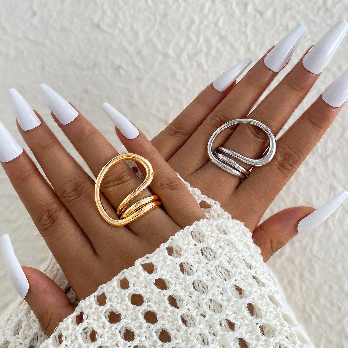2Pcs Gold Rings, Cross-border Geometric Alloy Lava Line Rings, Irregular Polished Open Band Rings