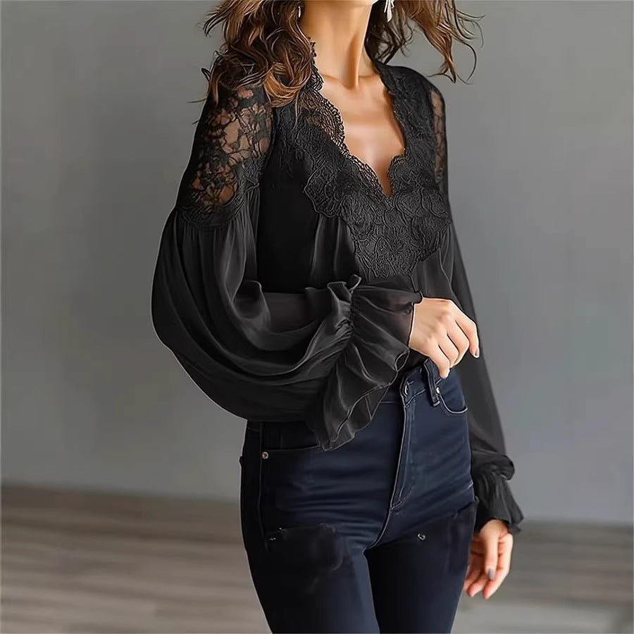 Womens Lace-Patchwork Ruffle-Shoulder Pleated Shirt