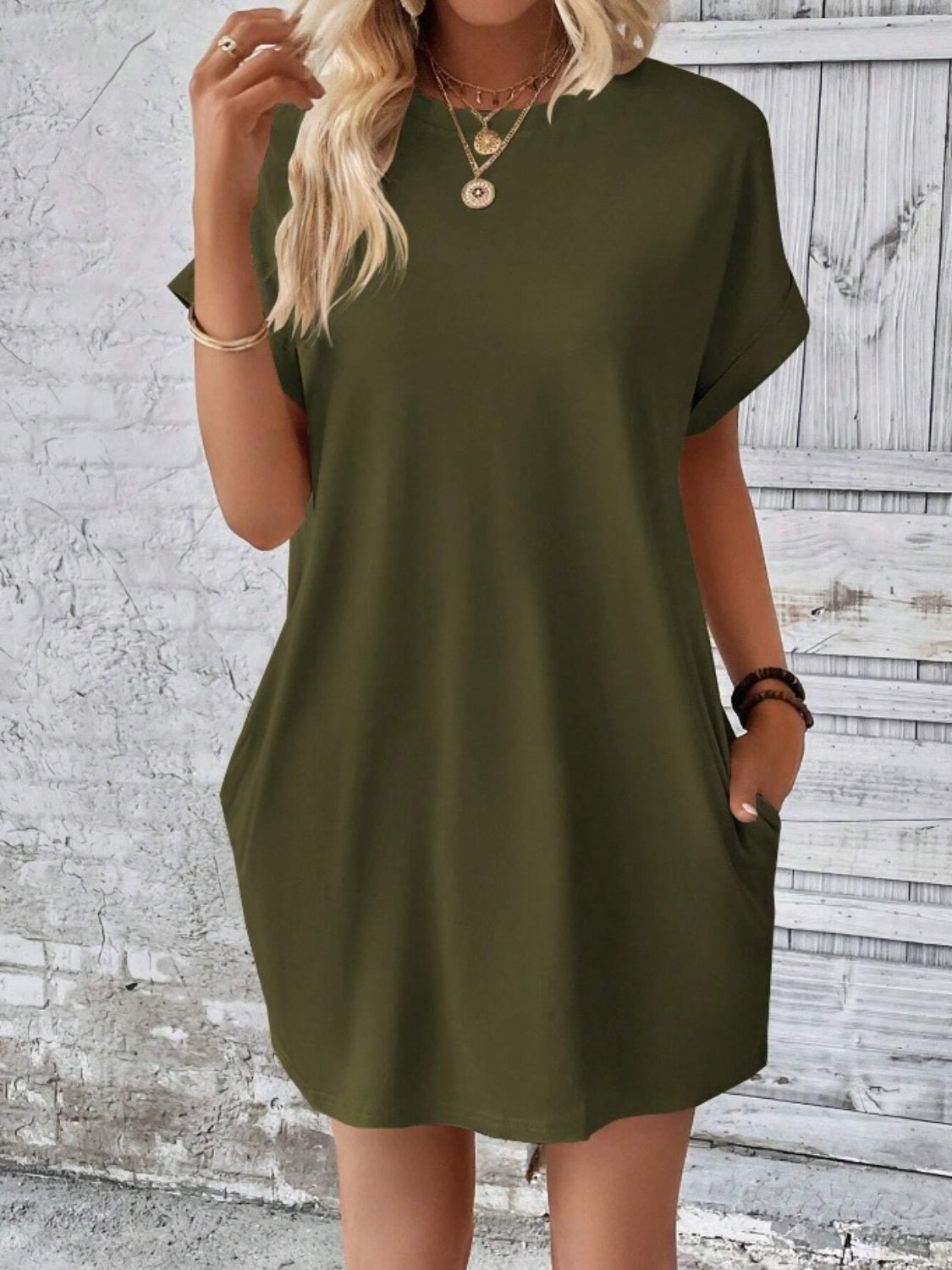 Casual Pocketed Round Neck Tee Dress