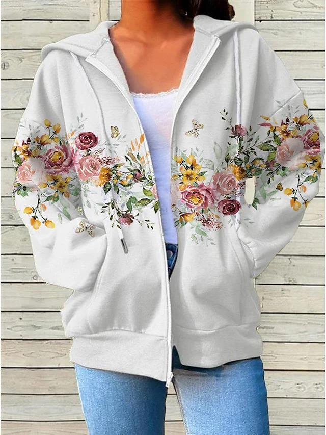 Womens Fashionable Casual Printed Zip-Up Hoodie
