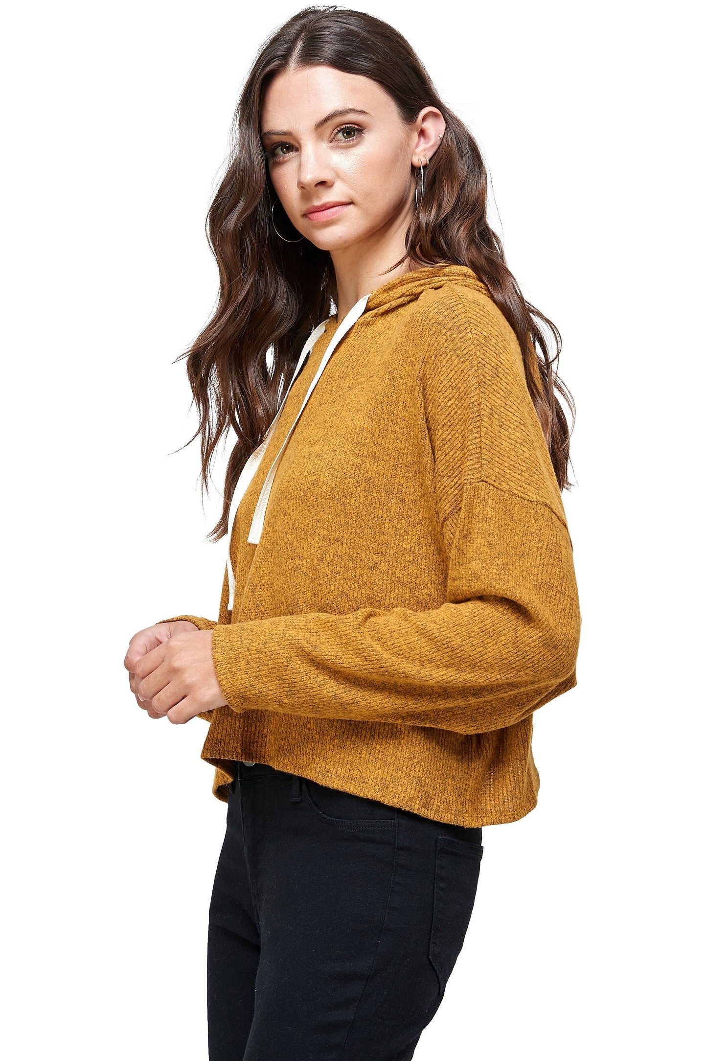 Brushed Two Tone Sweater Rib Hooded Top