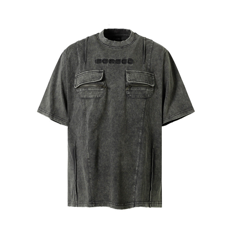 High Street Retro Workwear Zipper Pocket Decoration Washed Distressed Short Sleeve
