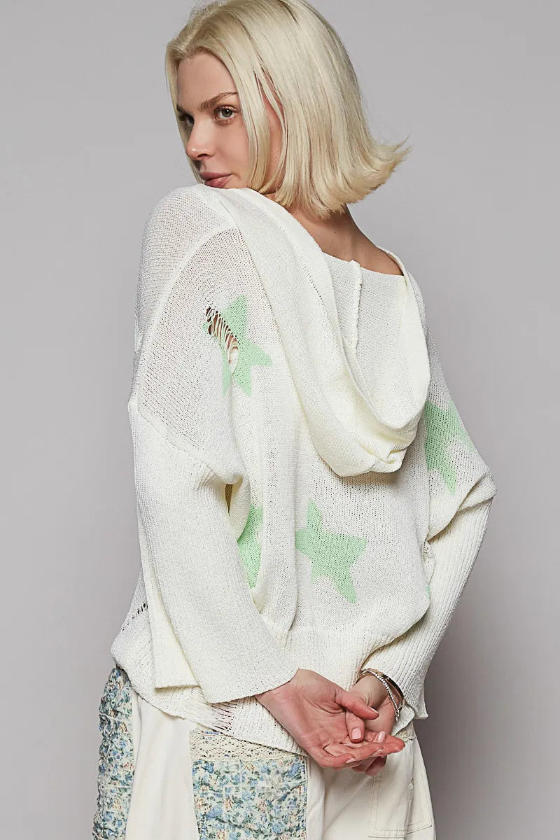 POL Distressed Lace-Up Star Pattern Hooded Hooded Sweater
