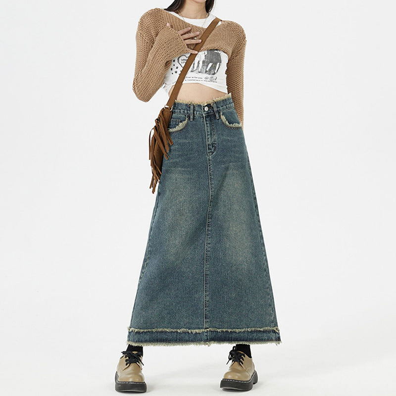 Retro Fashion Hip Denim Long Skirts Women