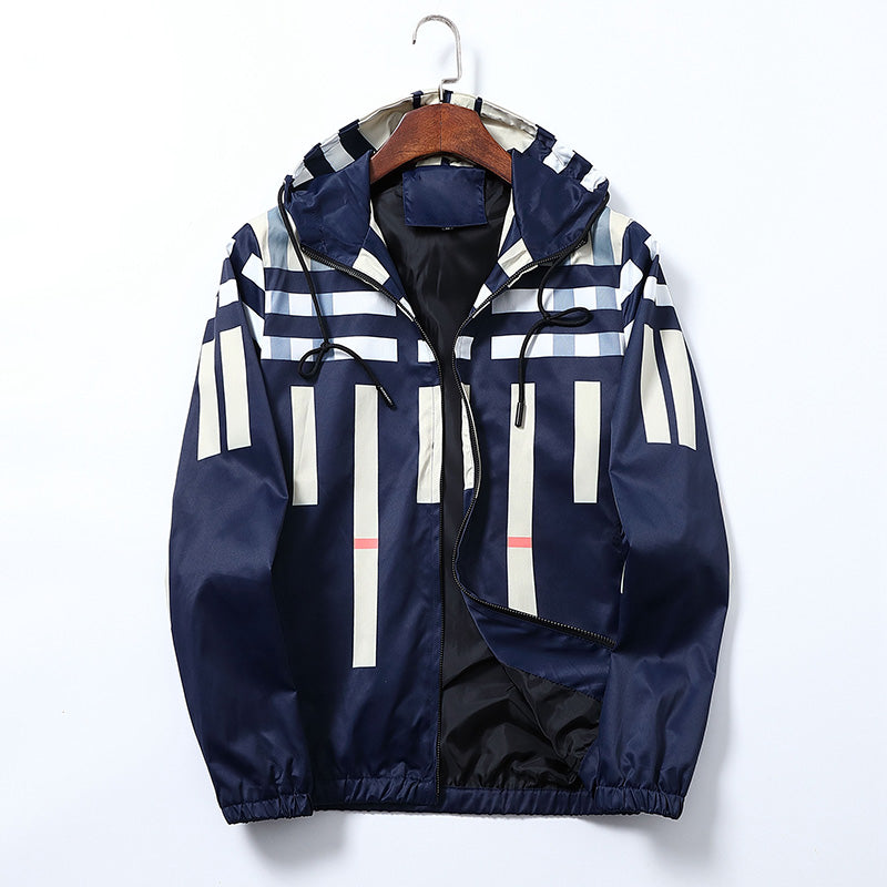 Men's Casual Trench Jacket with Stripe Plaid Print
