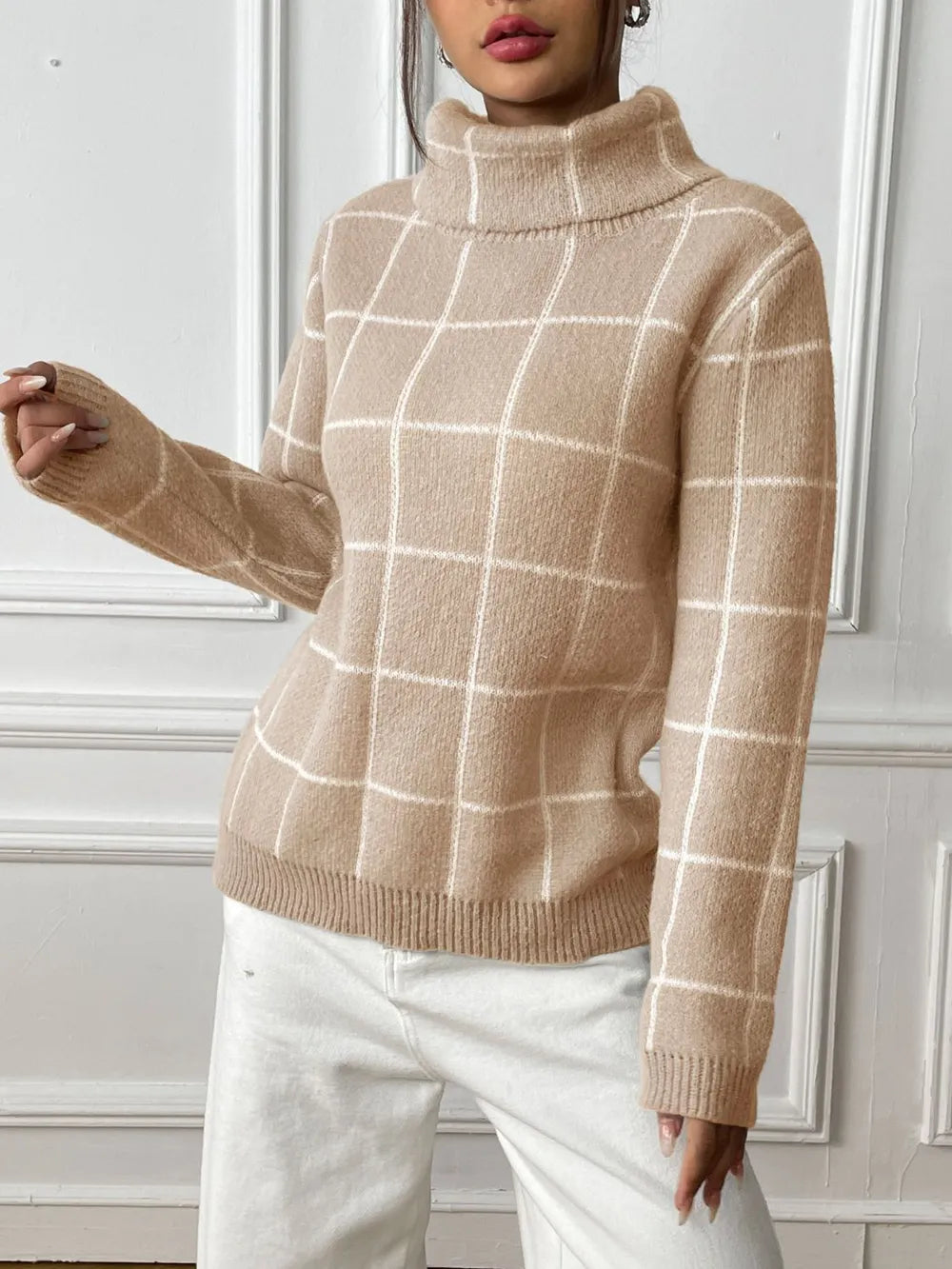 Bottom layer shirt contrasting plaid high neck sweater top