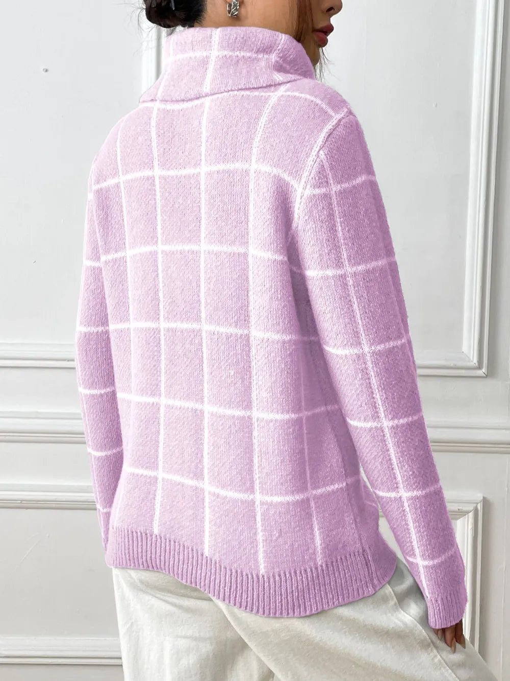 Bottom layer shirt contrasting plaid high neck sweater top