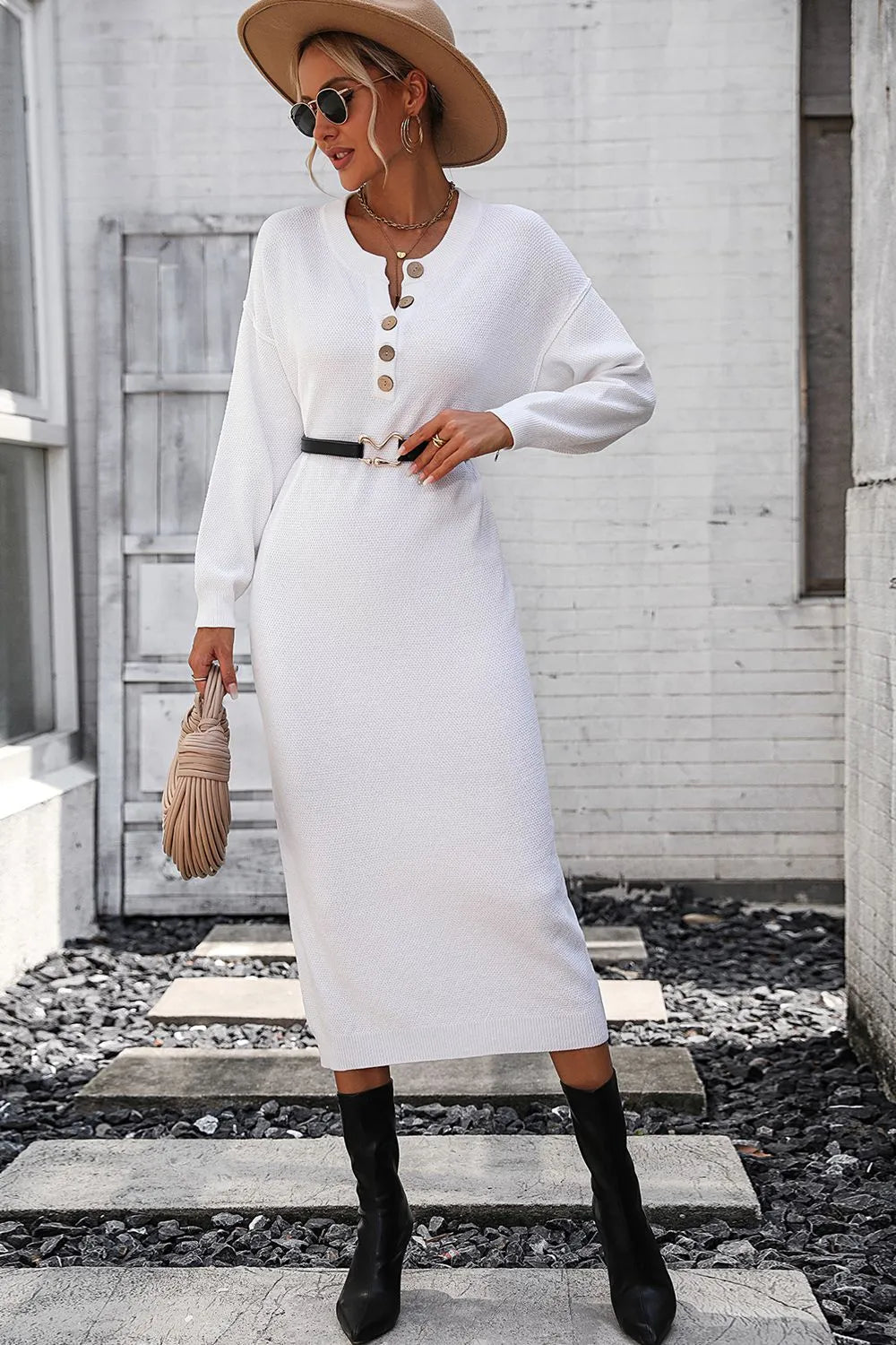 Button knit sweater dress fashionable temperament commuting women's sweater women